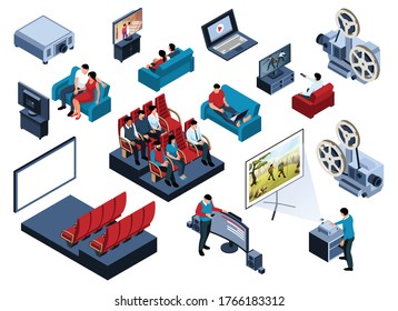 Isometric Cinema Set With Isolated Icons Of Movie Theater Equipment Audience Characters And Home Cinema Images Vector Illustration