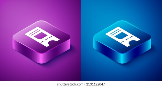 Isometric Cinema ticket icon isolated on blue and purple background. Square button. Vector Illustration