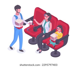 Isometric cinema visitors. Family sitting in movie theatre chairs with popcorn, soda pop and 3d glasses. People watching film 3d vector illustration