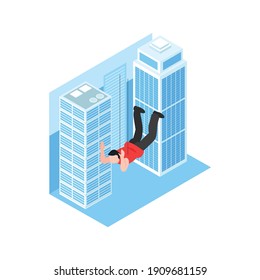 Isometric cinematography composition with isolated character of stunt boy falling at tall buildings vector illustration