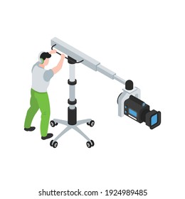 Isometric cinematography composition with isolated character of cameraman with camera on wheel stand vector illustration
