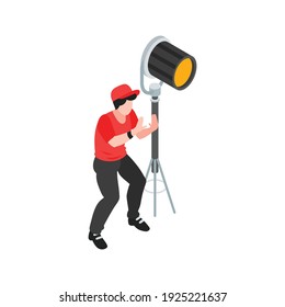 Isometric cinematography composition with isolated character of gaffer with spot light vector illustration