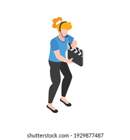 Isometric cinematography composition with isolated character of woman with clapper and headphones vector illustration