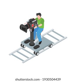 Isometric cinematography composition with isolated character of cameraman with camera on rails vector illustration