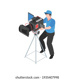 Isometric cinematography composition with isolated character of cameraman operating camera on stand vector illustration