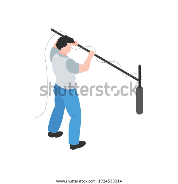 Isometric cinematography composition with\
isolated character of audio engineer recording sound with\
microphone vector\
illustration