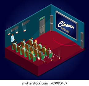 Isometric cinematography concept with people eating popcorn drinking soda and watching movie premiere in cinema vector illustration