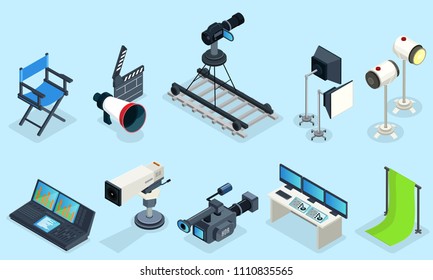 Isometric cinematography elements set with director chair different video cameras clapper projectors audio record equipment decorations isolated vector illustration