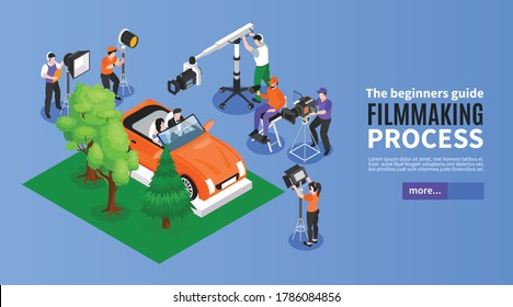 Isometric cinematography horizontal banner with film set elements shooting crew and editable text with more button vector illustration