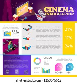 Isometric cinematography infographic template with couple in cinema 3d glasses soda popcorn screen movie camera diagrams vector illustration