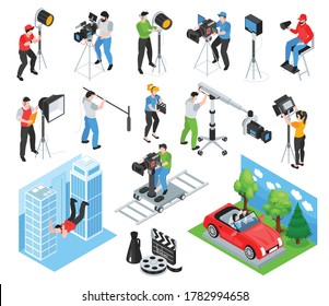 Isometric cinematography set of isolated icons and characters of shooting crew members working with professional equipment vector illustration