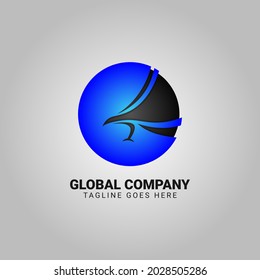 isometric circle with abstract eagle in negative space global company vector logo design