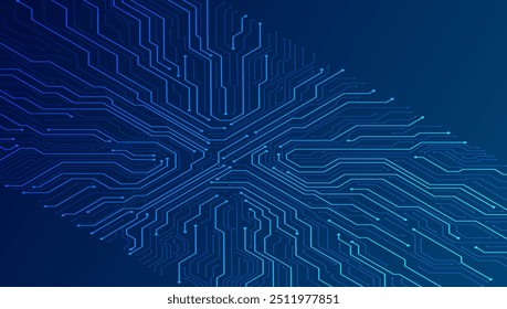 Isometric circuit background in blue. Technology circuit board background. Ai chip, electronics elements, and connected dots. Data tech bg. Abstract vector illustration.