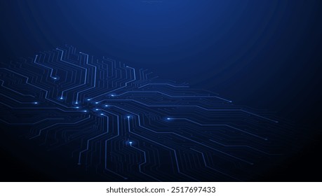 Isometric circuit background in blue. Technology circuit board background. Ai chip, electronics elements, and connected dots. Data tech bg. Abstract vector illustration.