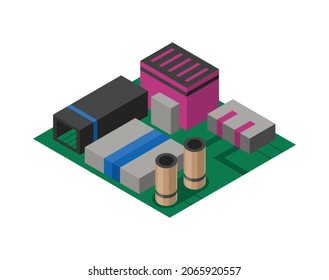 Isometric circuit board with electronic components. Computer chip technology processor circuit and computer motherboard information system. Electronic 3D isolated composition