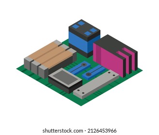 Isometric circuit board with electronic components. Computer chip technology processor circuit and computer motherboard information system. Technology equipment device concept