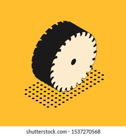 Isometric Circular saw blade icon isolated on yellow background. Saw wheel.  Vector Illustration
