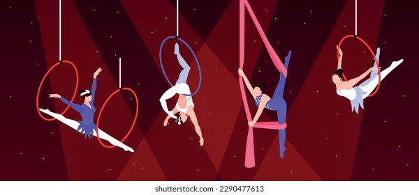 Isometric circus composition with characters of aerial performers female trapeze artists flying and hanging on rings vector illustration