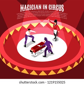 Isometric circus composition with entertainer characters performing conjuring tricks on circle arena with editable text vector illustration