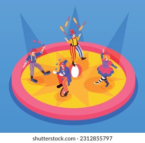 Composición isométrica de circo con visión aislada de anillo circense con personajes de payasos bailarines y malabares ilustración vectorial