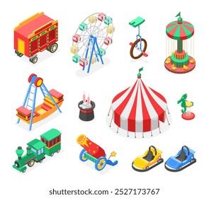 Elementos isométricos de circo. Iconos coloridos del parque de atracciones, carrusel de los coches de la tienda, tren brillante de los niños. Cilindro mágico con orejas de conejo, juego de Vector impecable