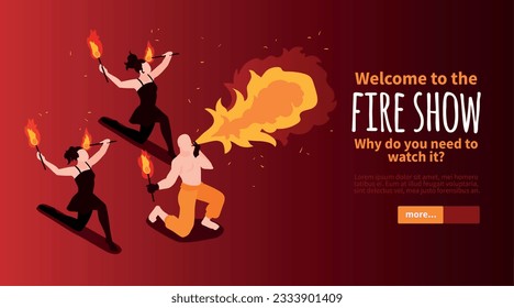Isometric circus horizontal banner with ornate text slider more button and characters of performing fire swallowers vector illustration