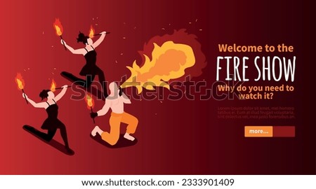 Isometric circus horizontal banner with ornate text slider more button and characters of performing fire swallowers vector illustration
