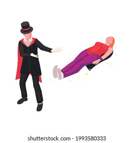 Isometric circus illusionist performing trick with woman on white background isolated vector illustration