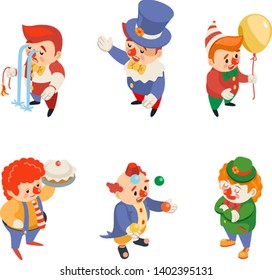 Isometric circus party fun carnival clowns funny performance characters icons set isolated 3d design flat vector illustration