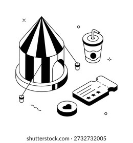 Isometric circus scene illustration with tent, ticket, and drink, perfect for entertainment