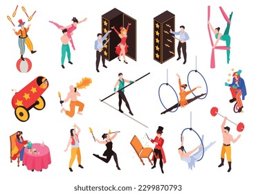 Isometric circus set with isolated icons of props with characters of performers artists on blank background vector illustration