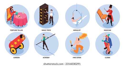 Isometric circus set of isolated round compositions with artists performers characters with cannon and text captions vector illustration