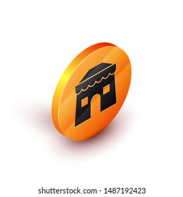 Isometric Circus tent icon isolated on white background. Carnival camping tent. Amusement park. Orange circle button. Vector Illustration