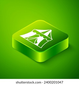 Isometric Circus tent icon isolated on green background. Carnival camping tent. Amusement park. Green square button. Vector