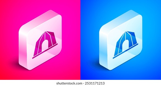 Isometric Circus tent icon isolated on pink and blue background. Carnival camping tent. Amusement park. Silver square button. Vector