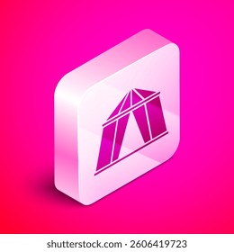 Isometric Circus tent icon isolated on pink background. Carnival camping tent. Amusement park. Silver square button. Vector Illustration