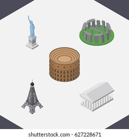 Isometric Cities Set Of Athens, New York, Paris And Other Vector Objects. Also Includes Stonehenge, Eiffel, Museum Elements.