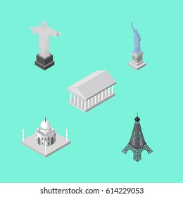 Ciudades Iométricas De Atenas, París, Mezquita De La India Y Otros Objetos Vectoriales. También Incluye Atenas, Estatua, Elementos De París.