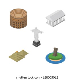 Isometric Cities Set Of Coliseum, Rio, Chile And Other Vector Objects. Also Includes Egypt, Christ, Acropolis Elements.