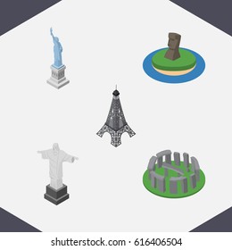 Isometric Cities Set Of England, Paris, Chile Vector Objects. Also Includes Liberty, Stonehenge Elements.