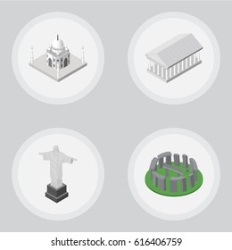 Isometric Cities Set Of Rio, England, India Mosque Vector Objects.  
