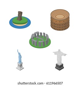 Isometric Cities Set Of Rio, New York, England Vector Objects. Also Includes England, America, Monument Elements.