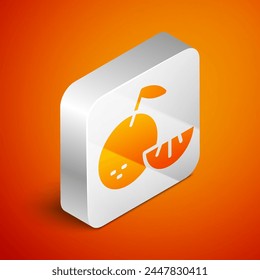 Isometric Citrus fruit icon isolated on orange background. Orange in a cut. Healthy lifestyle. Silver square button. Vector