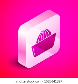 Isometric Citrus fruit juicer icon isolated on pink background. Silver square button. Vector Illustration