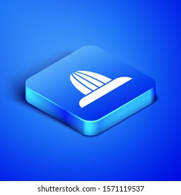 Isometric Citrus fruit juicer icon isolated on blue background. Blue square button. Vector Illustration