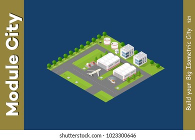 Isometric city 3D airport runway landscape infrastructure with roads, streets, houses, planes