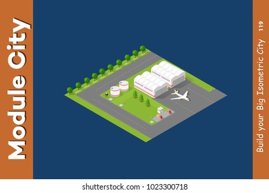 Isometric city 3D airport runway landscape infrastructure with roads, streets, houses, planes