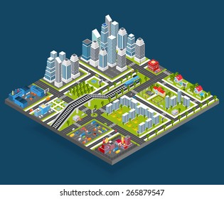 Isometric city with 3d houses manufacture office and store building blocks vector illustration