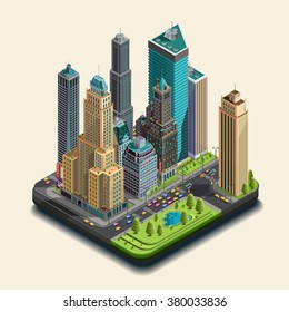 Isometric City, 3d, Skyscraper District  Part Of Icons Consisting Of Buildings.Center Building And Park In The Downtown. Vector Map Design.