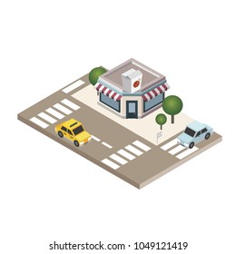 Isometric city. Asian restraunt. City life. Geo tracking. Map